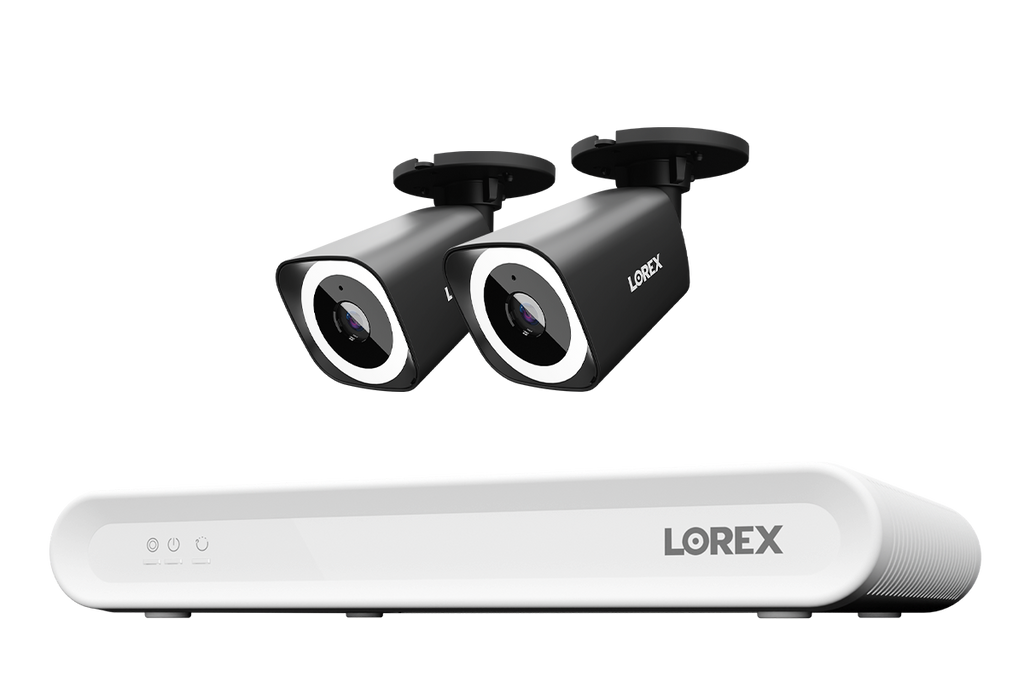 Lorex Connect V Series 8-channel NVR system with black V3 4K PoE bullet cameras, 2-camera option
