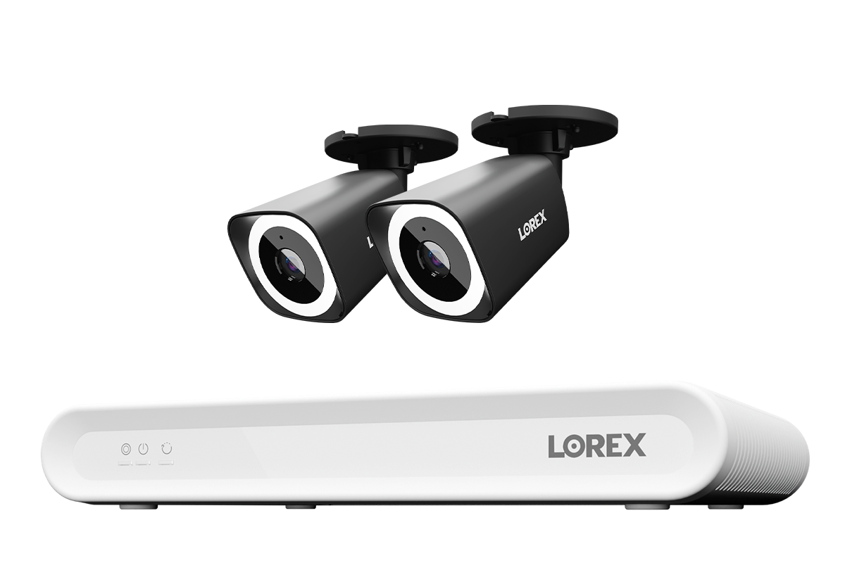 Lorex Connect V Series 8-channel NVR system with black V3 4K PoE bullet cameras, 2-camera option