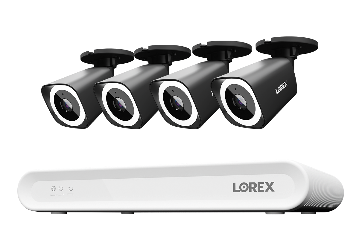 Lorex Connect V Series 8-channel NVR system with black V3 4K PoE bullet cameras, 4-camera option