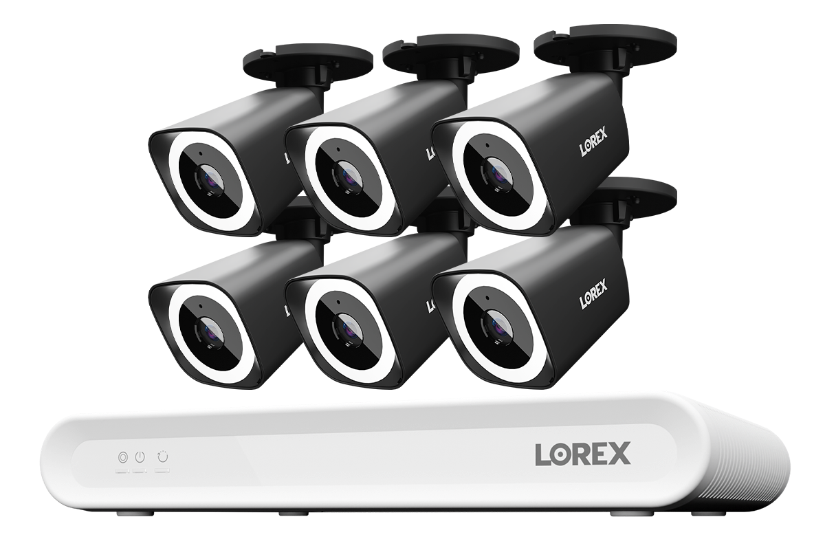 Lorex Connect V Series 8-channel NVR system with black V3 4K PoE bullet cameras, 6-camera option