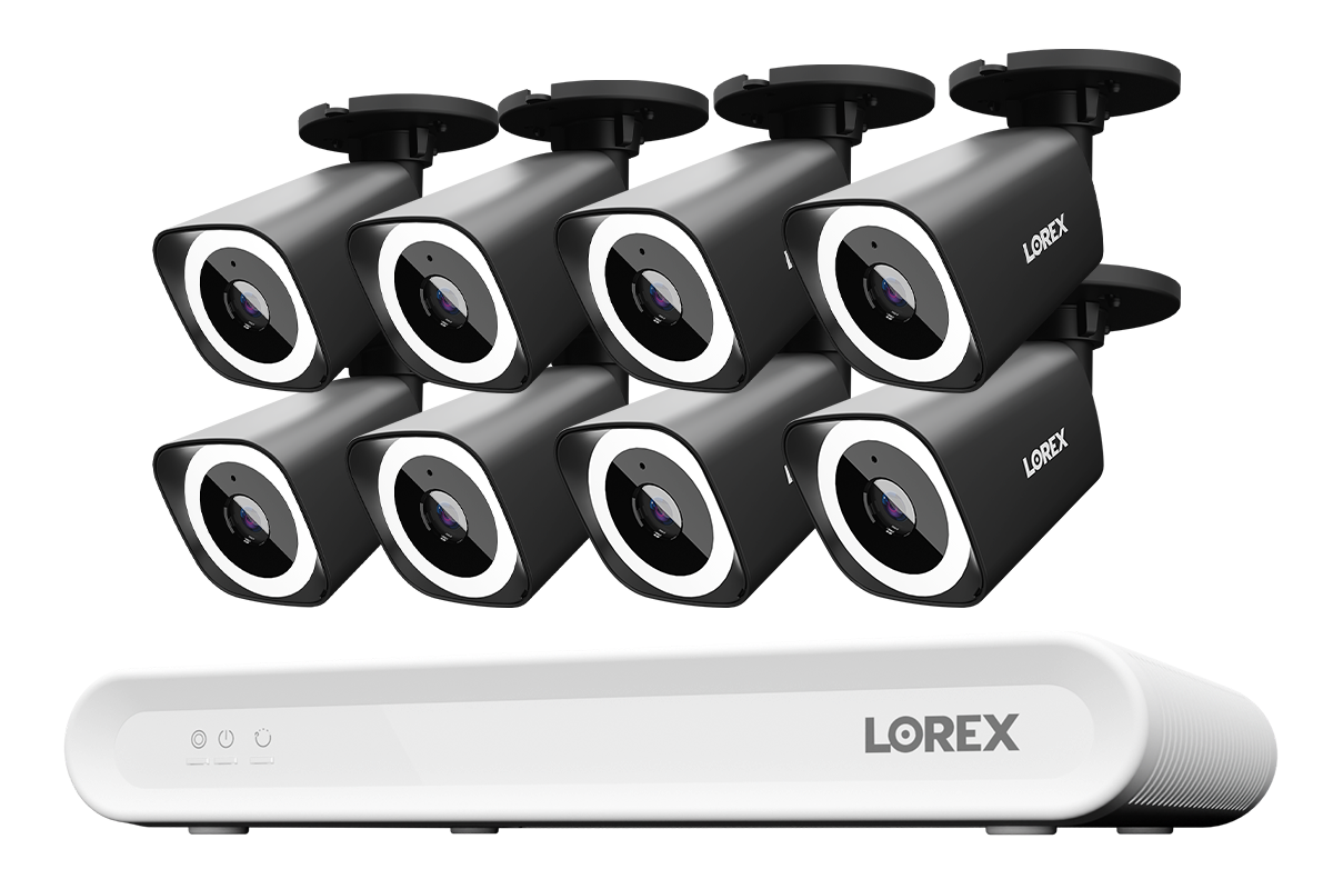 Lorex Connect V Series 8-channel NVR system with black V3 4K PoE bullet cameras, 8-camera option