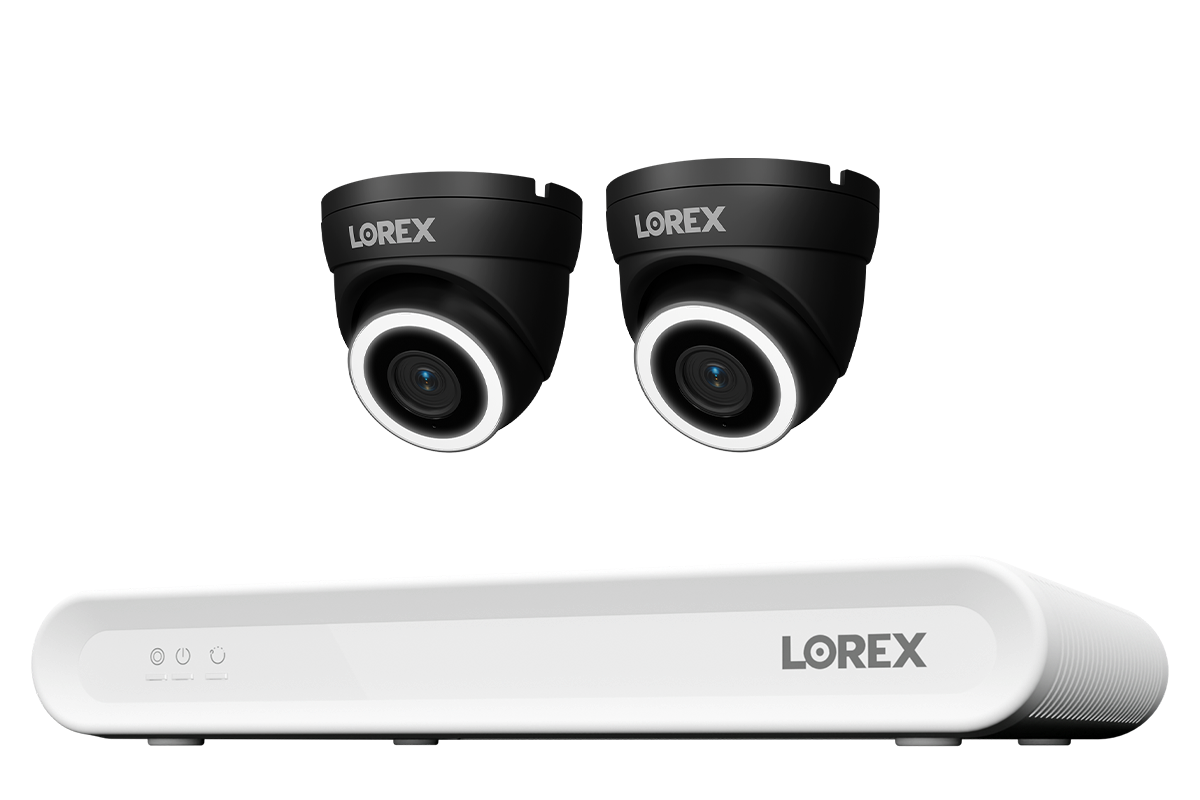 Lorex Connect V Series 8-channel NVR system with black V3 4K PoE turret cameras, 2-camera option