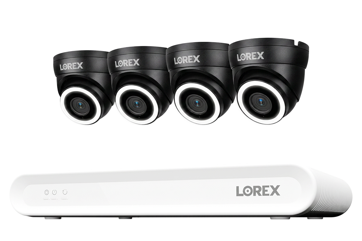 Lorex Connect V Series 8-channel NVR system with black V3 4K PoE turret cameras, 4-camera option
