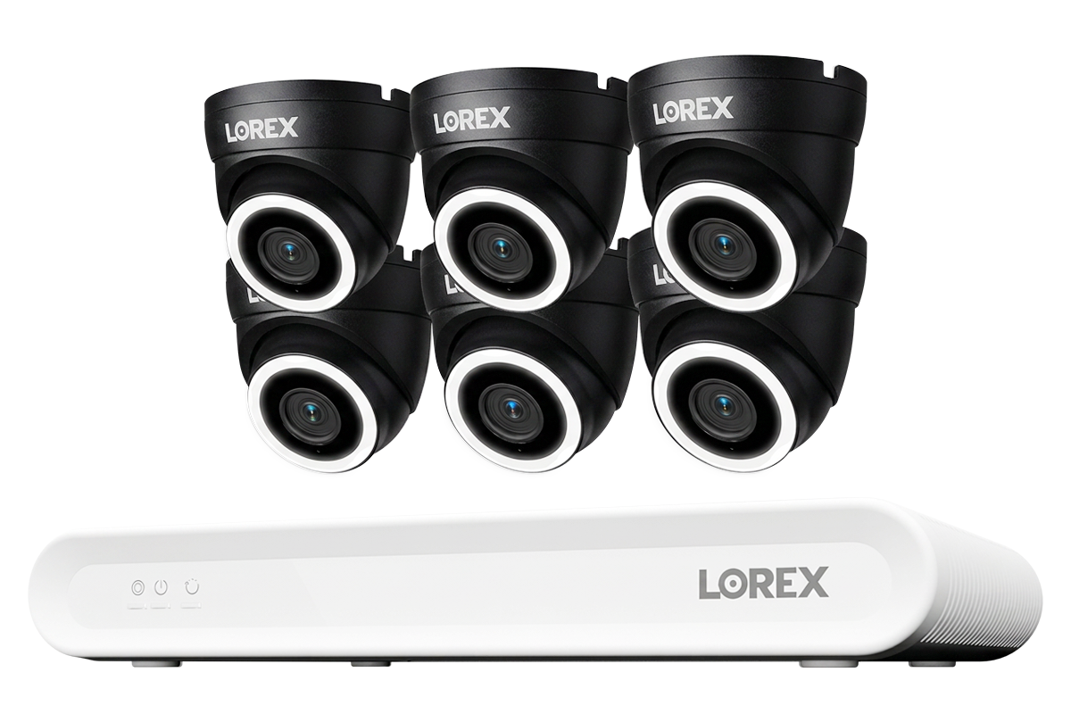 Lorex Connect V Series 8-channel NVR system with black V3 4K PoE turret cameras, 6-camera option