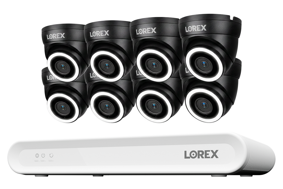 Lorex Connect V Series 8-channel NVR system with black V3 4K PoE turret cameras, 8-camera option