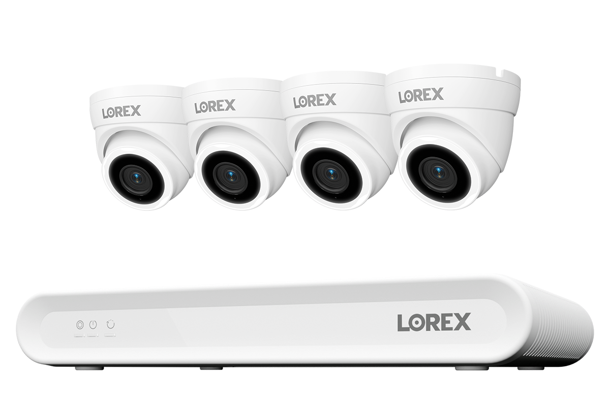 Lorex Connect V Series 8-channel NVR system with white V3 4K PoE turret cameras, 4-camera option