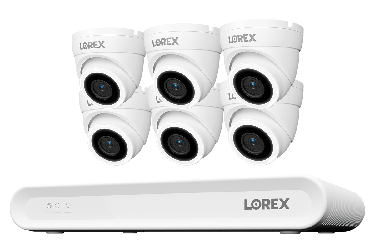 Lorex Connect V Series 8-channel NVR system with white V3 4K PoE turret cameras, 6-camera option