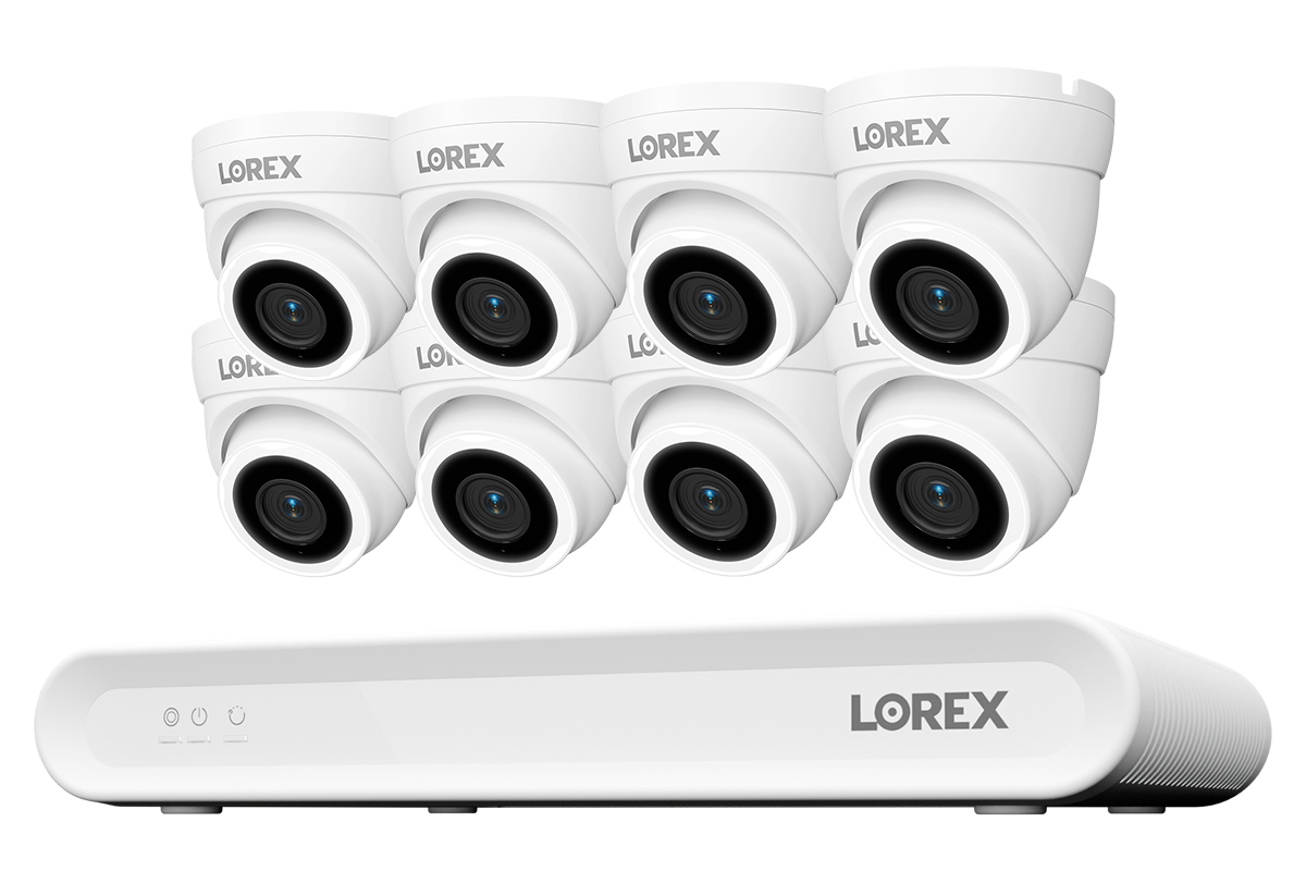 Lorex Connect V Series 8-channel NVR system with white V3 4K PoE turret cameras, 8-camera option