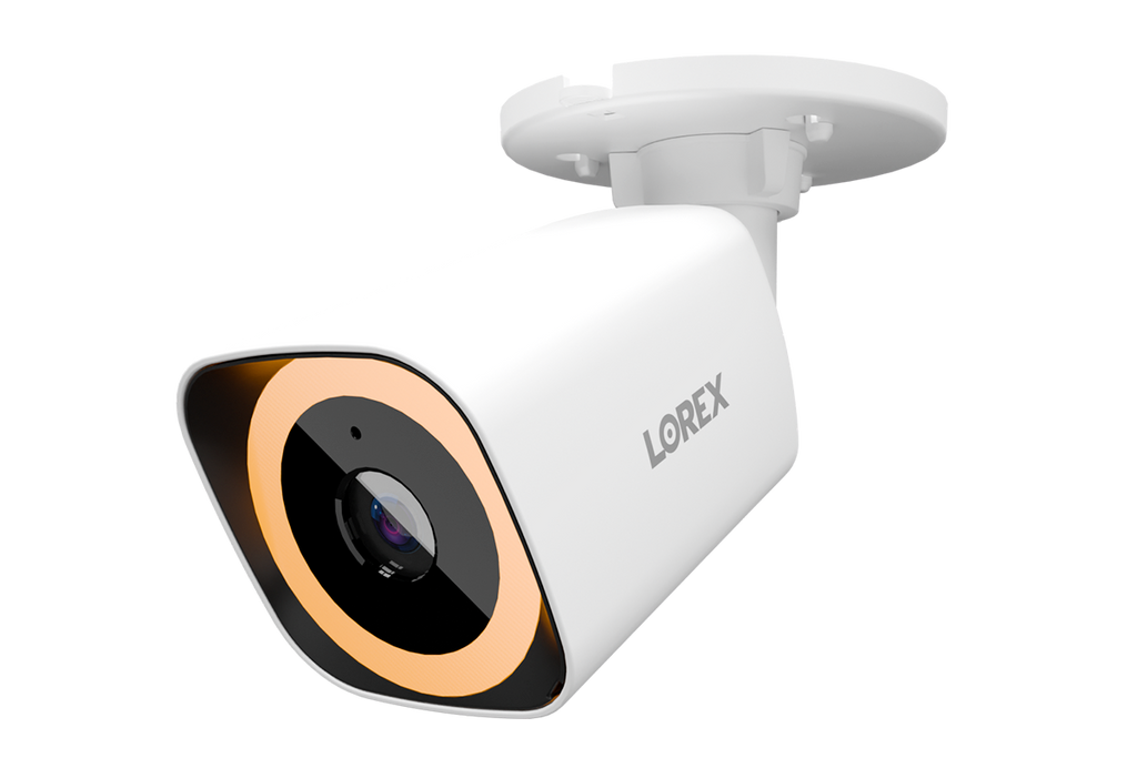 Lorex Connect V5 4K PoE bullet camera in white housing with orange ring around the lens mounted to a ceiling