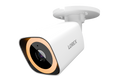 Lorex Connect V5 4K PoE bullet camera in white housing with orange ring around the lens mounted to a ceiling