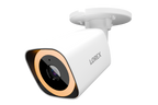 Lorex Connect V5 4K PoE bullet camera in white housing with orange ring around the lens mounted to a ceiling
