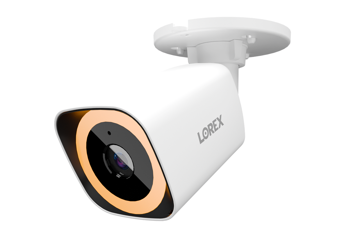 Lorex Connect V5 4K PoE bullet camera in white housing with orange ring around the lens mounted to a ceiling