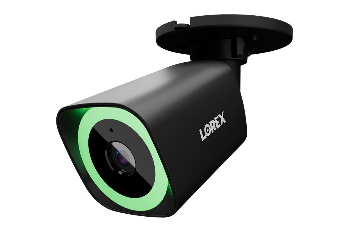 Lorex V5 4K PoE bullet camera in black with color night vision green ring light against a blue background