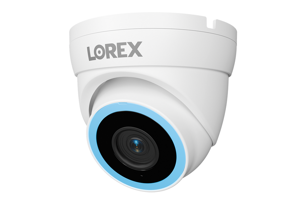Lorex Connect V5 4K PoE turret camera in white with a blue ring