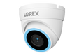 Lorex Connect V5 4K PoE turret camera in white with a blue ring