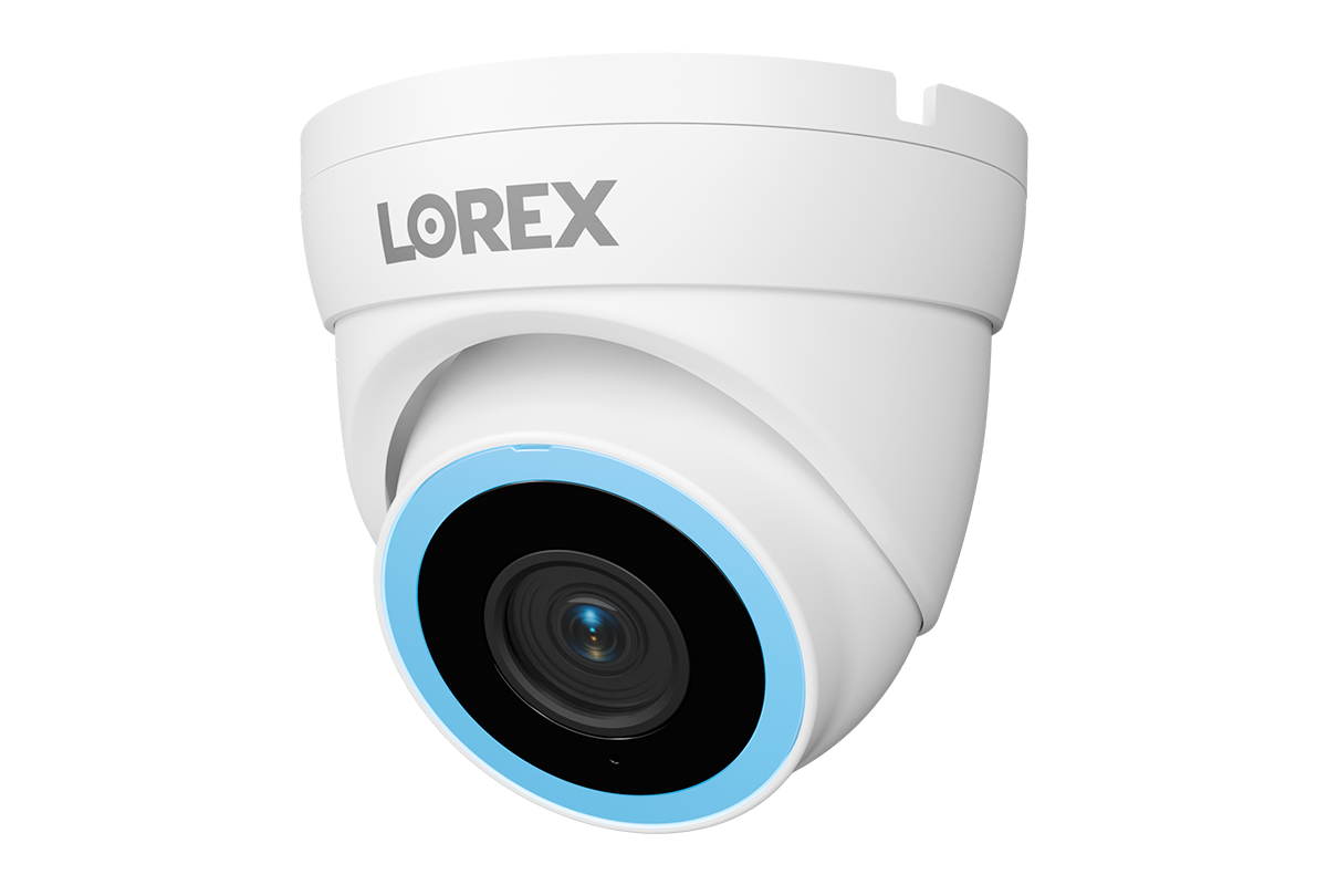 Lorex Connect V5 4K PoE turret camera in white with a blue ring