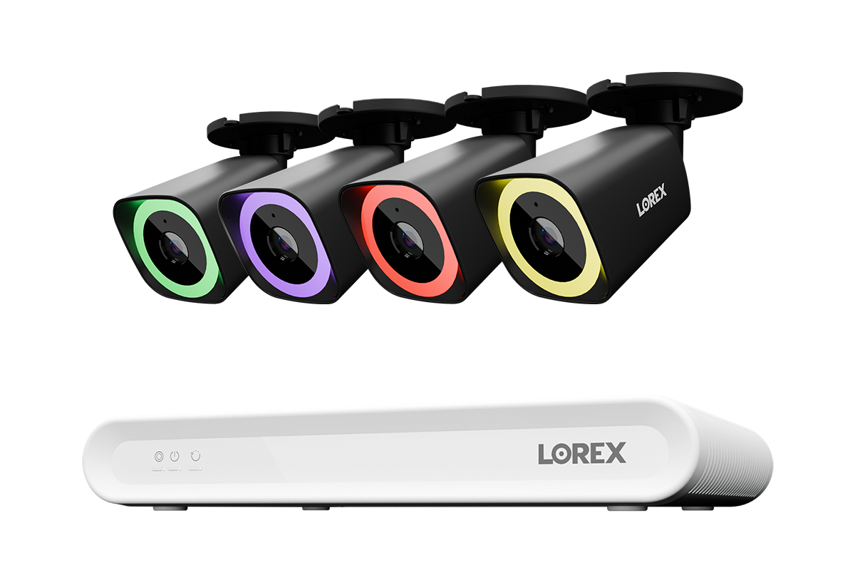 Lorex Connect V Series 8-channel NVR system with black V5 4K PoE bullet cameras, 4-camera option