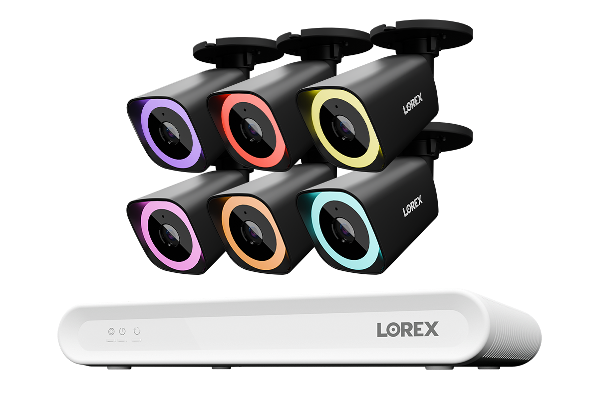 Lorex Connect V Series 8-channel NVR system with black V5 4K PoE bullet cameras, 6-camera option