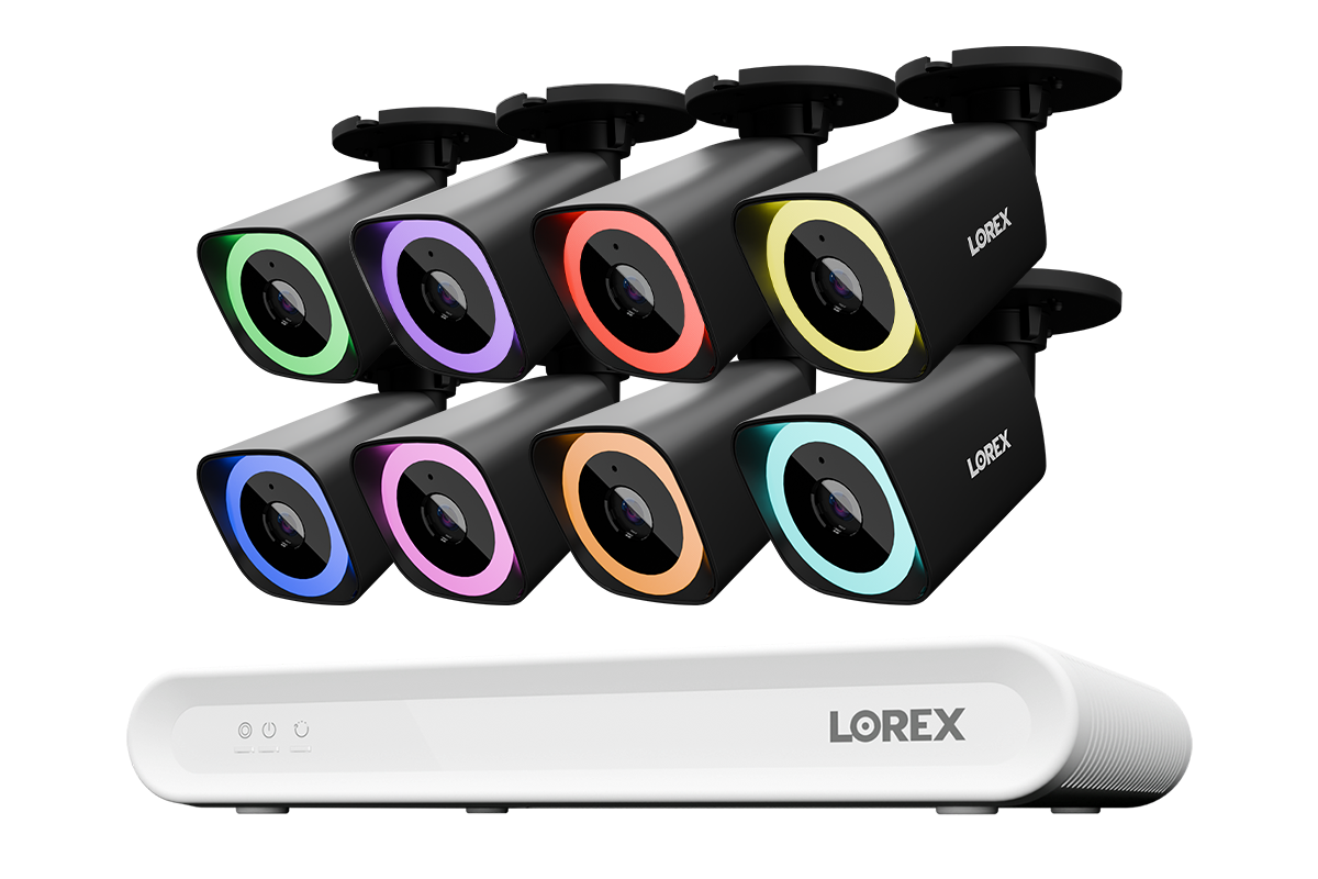 Lorex Connect V Series 8-channel NVR system with black V5 4K PoE bullet cameras, 8-camera option