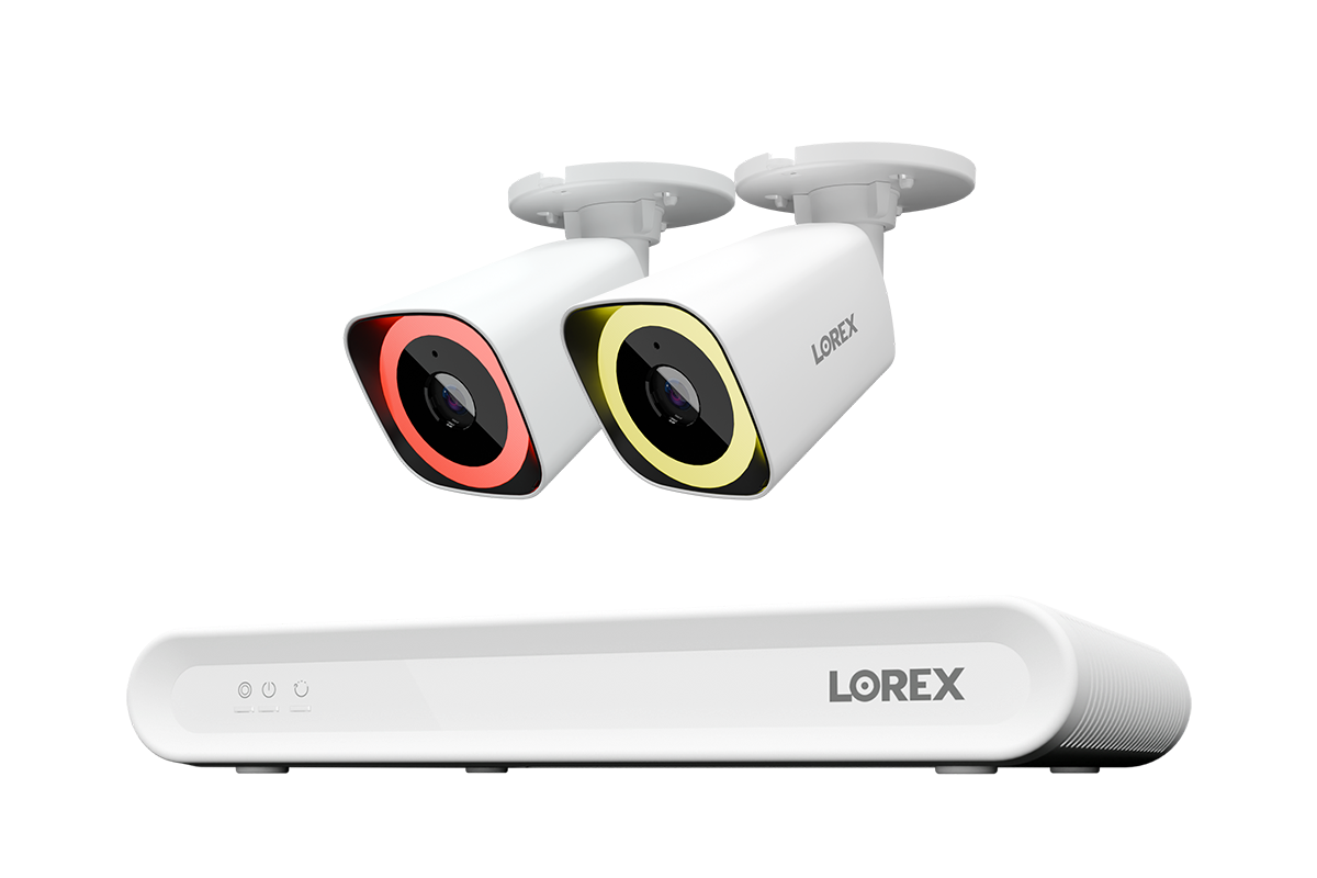 Lorex Connect V Series 8-channel NVR system with white V5 4K PoE bullet cameras, 2-camera option
