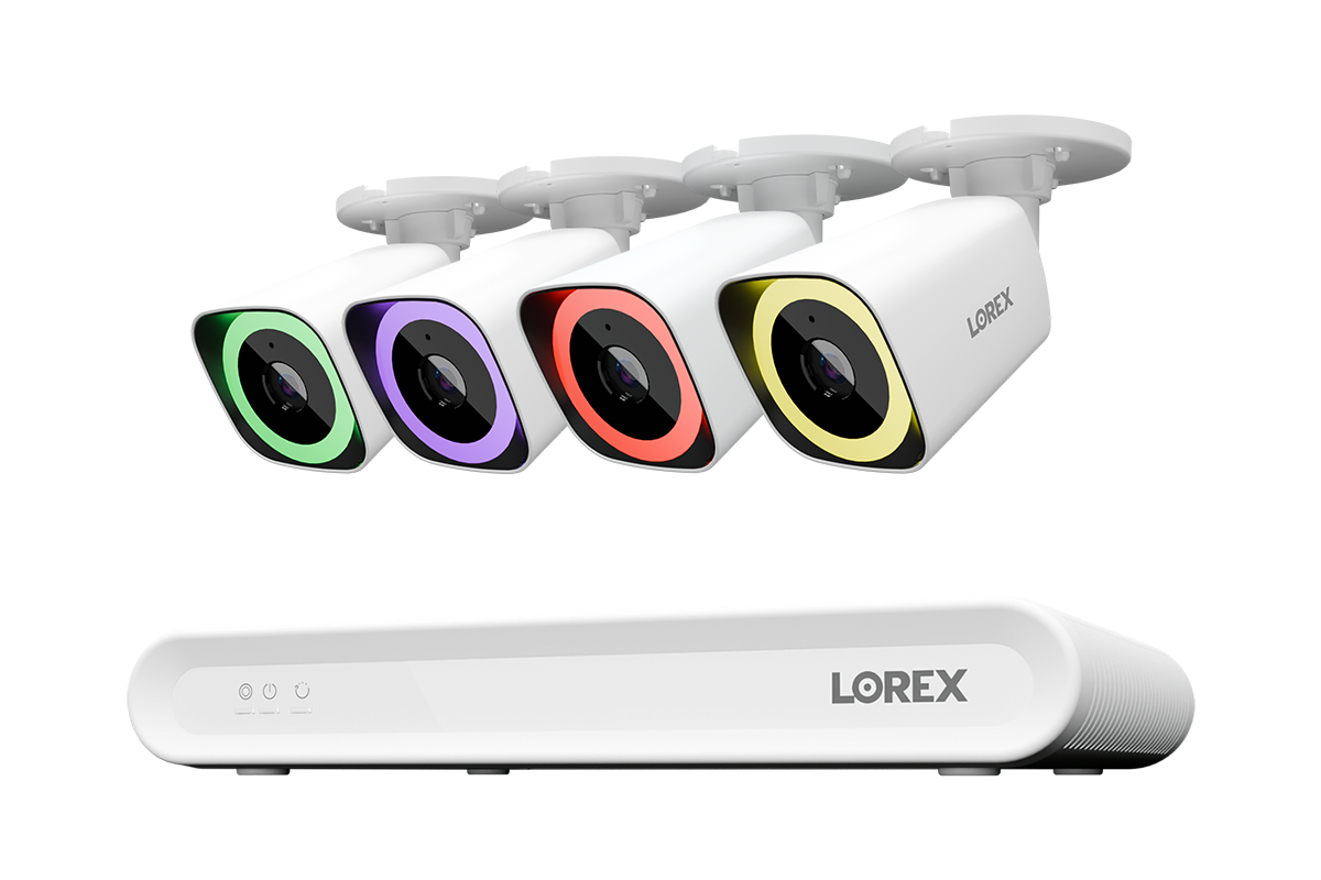 Lorex Connect V Series 8-channel NVR system with white V5 4K PoE bullet cameras, 4-camera option