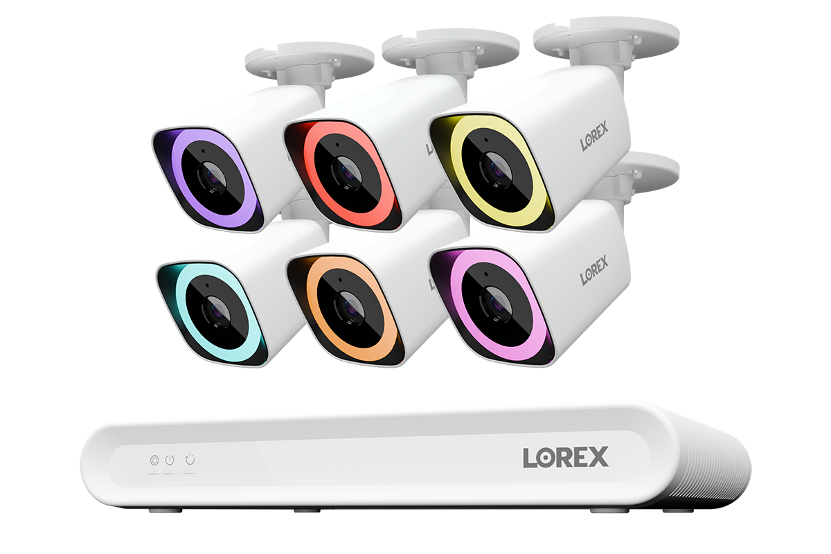 Lorex Connect V Series 8-channel NVR system with white V5 4K PoE bullet cameras, 6-camera option
