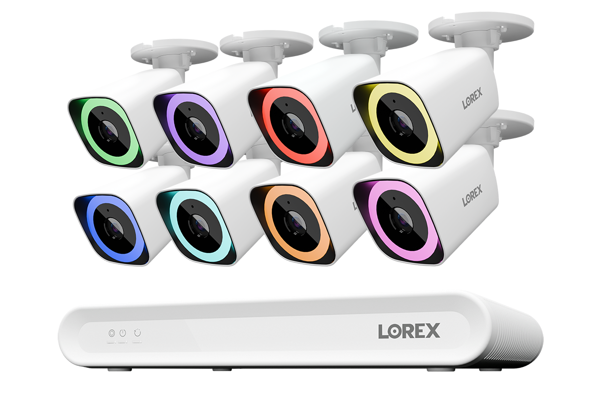 Lorex Connect V Series 8-channel NVR system with white V5 4K PoE bullet cameras, 8-camera option