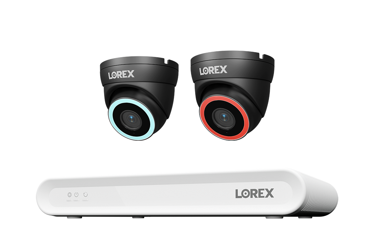 Lorex Connect V Series 8-channel NVR system with black V5 4K PoE turret cameras, 2-camera option