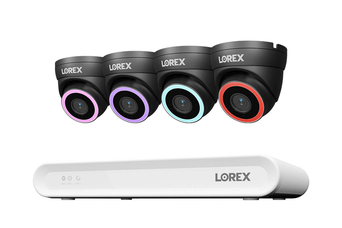 Lorex Connect V Series 8-channel NVR system with black V5 4K PoE turret cameras, 4-camera option