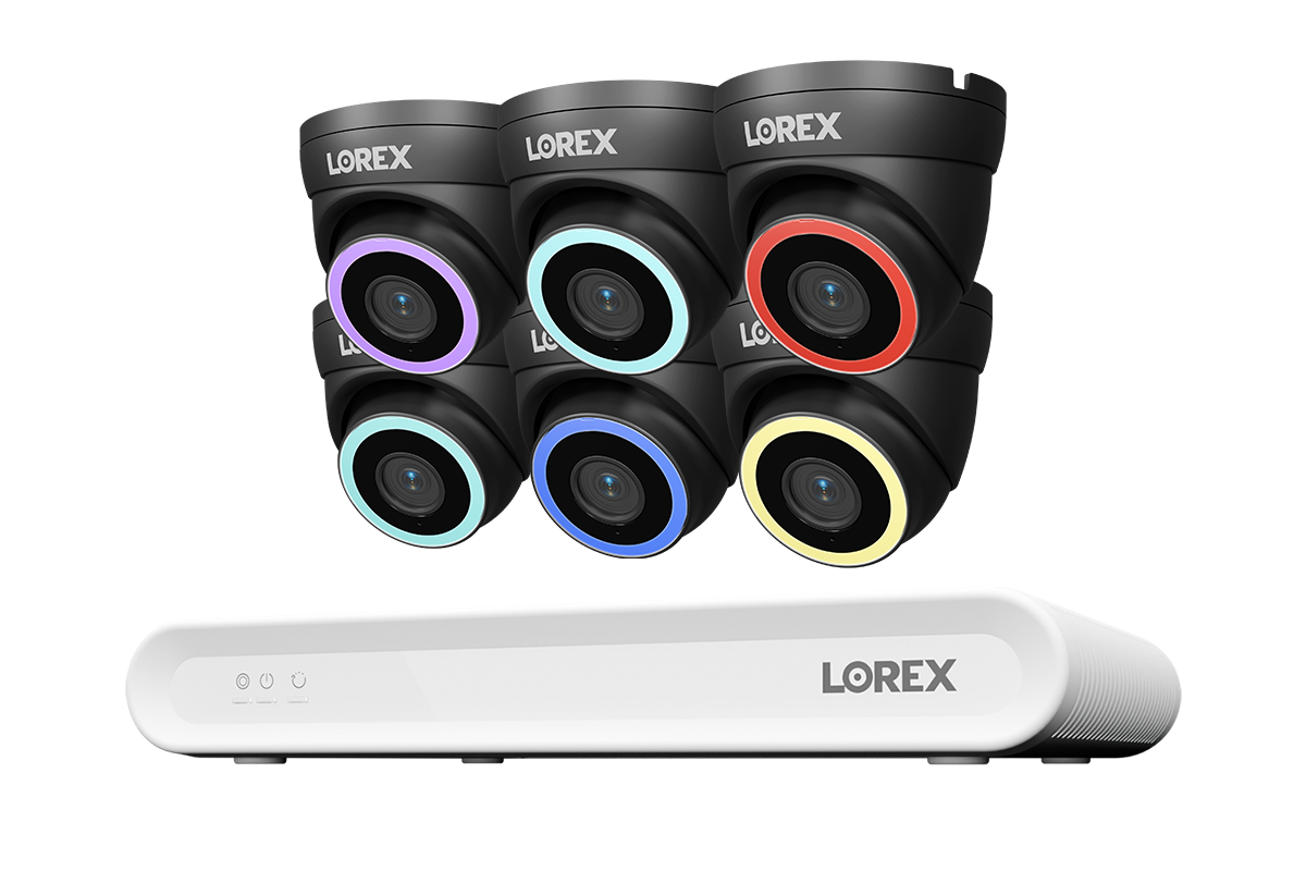 Lorex Connect V Series 8-channel NVR system with black V5 4K PoE turret cameras, 6-camera option