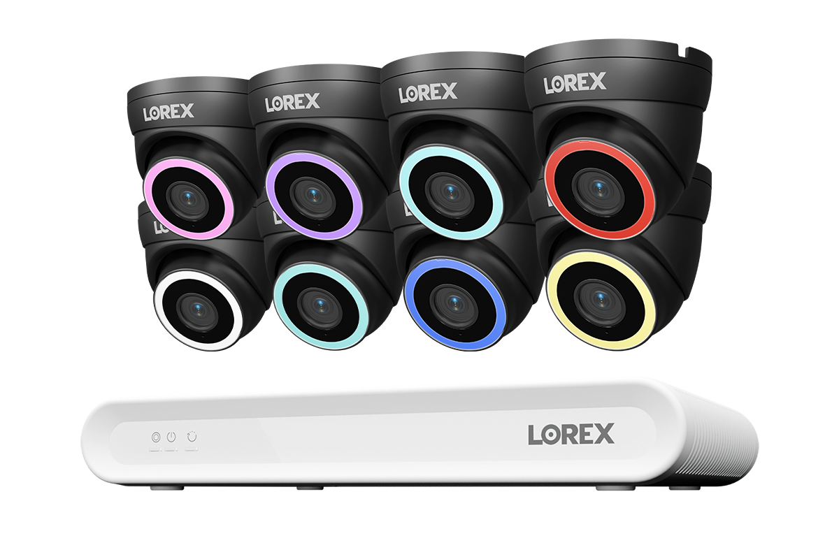Lorex Connect V Series 8-channel NVR system with black V5 4K PoE turret cameras, 8-camera option