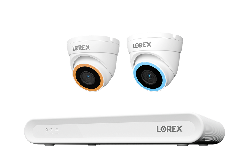 Lorex Connect V Series 8-channel NVR system with white V5 4K PoE turret cameras, 2-camera option