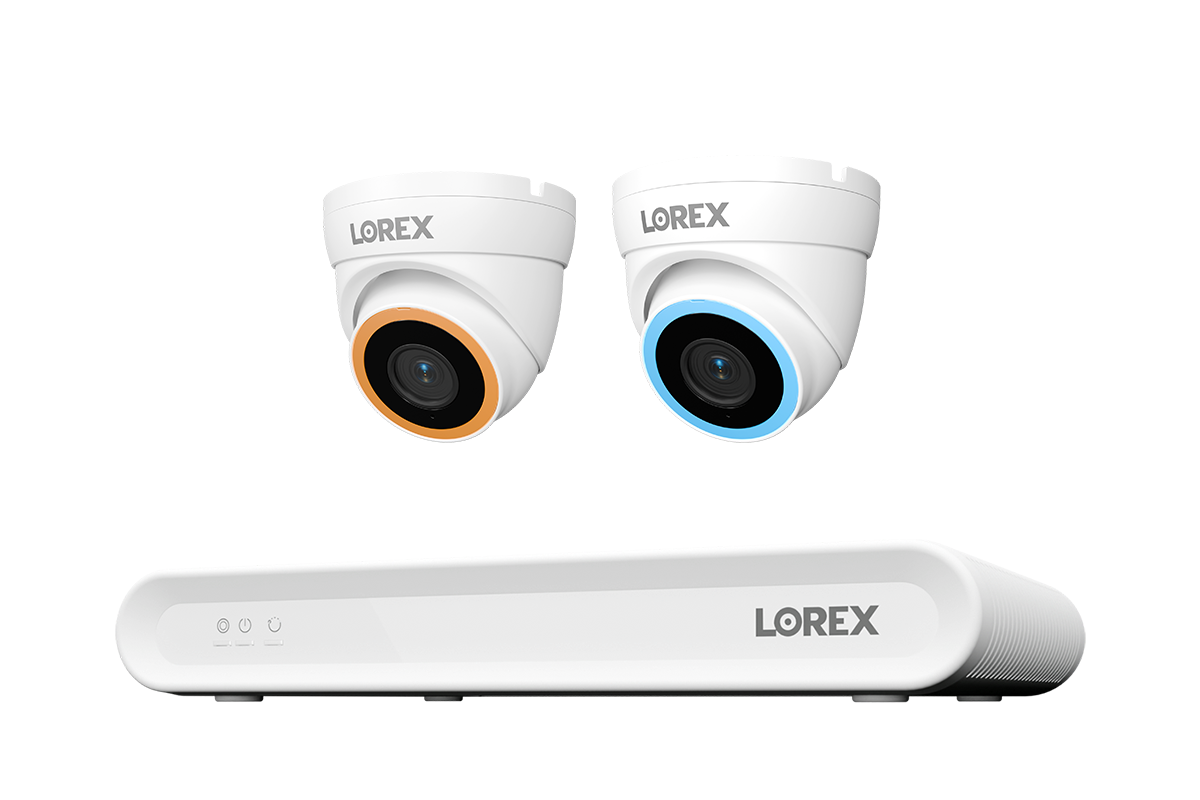 Lorex Connect V Series 8-channel NVR system with white V5 4K PoE turret cameras, 2-camera option