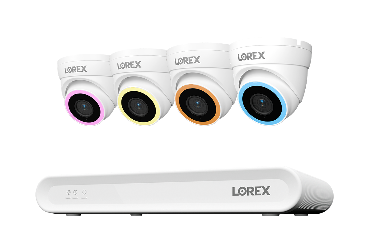 Lorex Connect V Series 8-channel NVR system with white V5 4K PoE turret cameras, 4-camera option