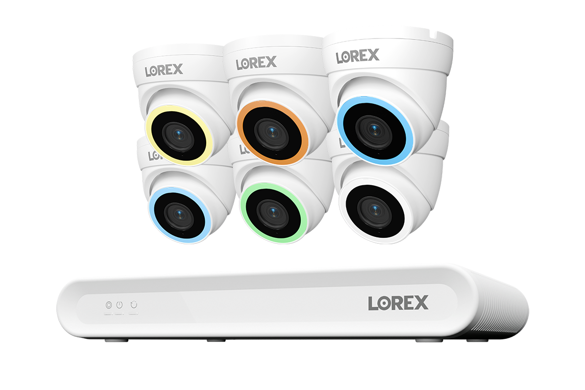Lorex Connect V Series 8-channel NVR system with white V5 4K PoE turret cameras, 6-camera option