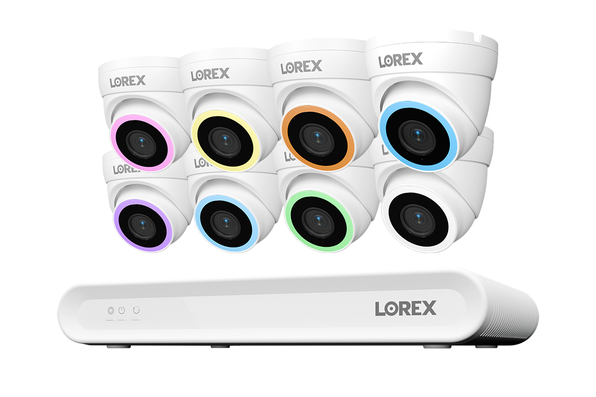 Lorex Connect V Series 8-channel NVR system with white V5 4K PoE turret cameras, 8-camera option
