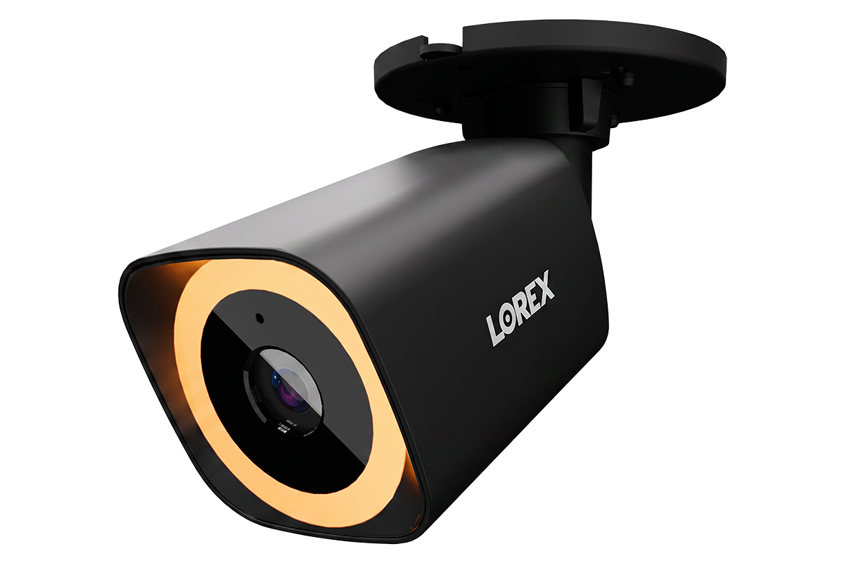 Lorex V7 4K PoE bullet camera in black with orange ring around the lens