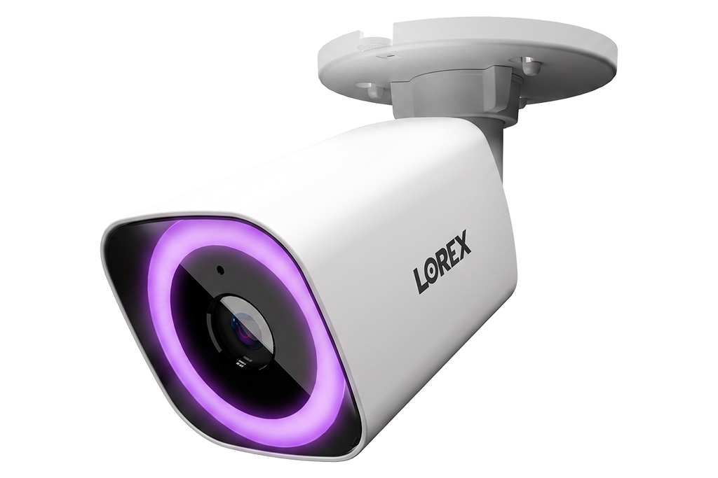 Lorex Connect V7 4K PoE bullet security camera in white with purple night vision ring