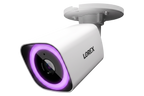 Lorex Connect V7 4K PoE bullet security camera in white with purple night vision ring