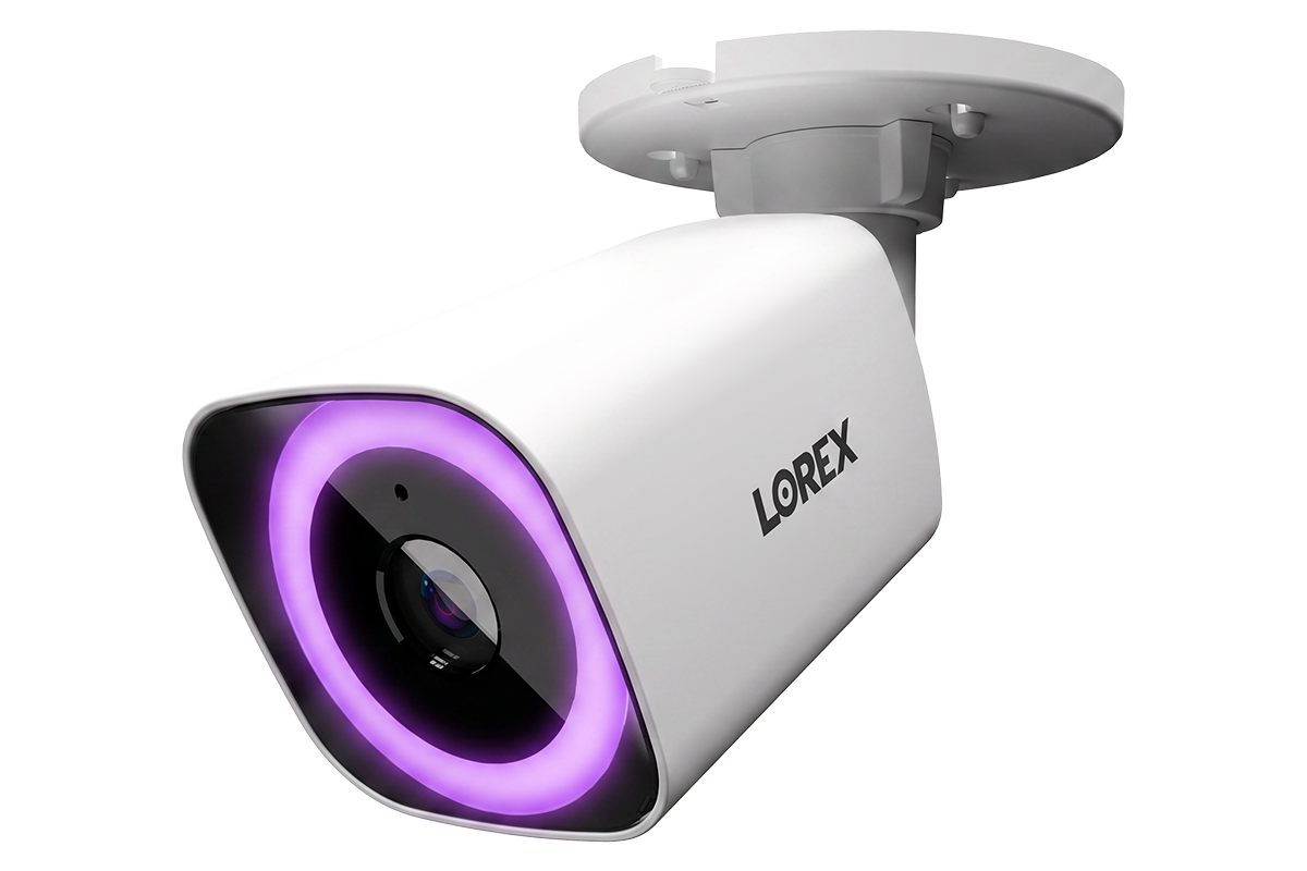 Lorex Connect V7 4K PoE bullet security camera in white with purple night vision ring