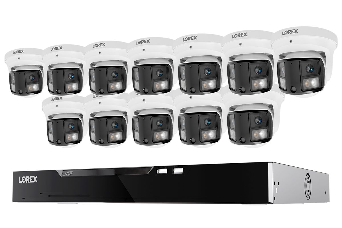 Row of twelve Lorex X Series 4K turret cameras above a black NVR