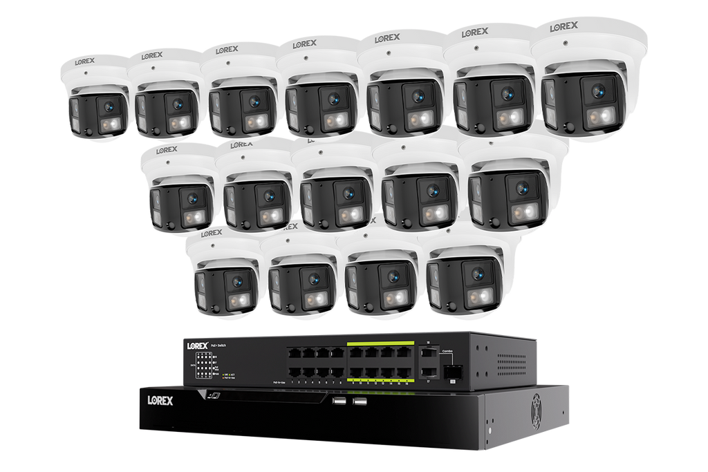 Lorex Connect X Series 4K 32-channel wired NVR system with X3 dual-lens turret cameras and 8TB storage