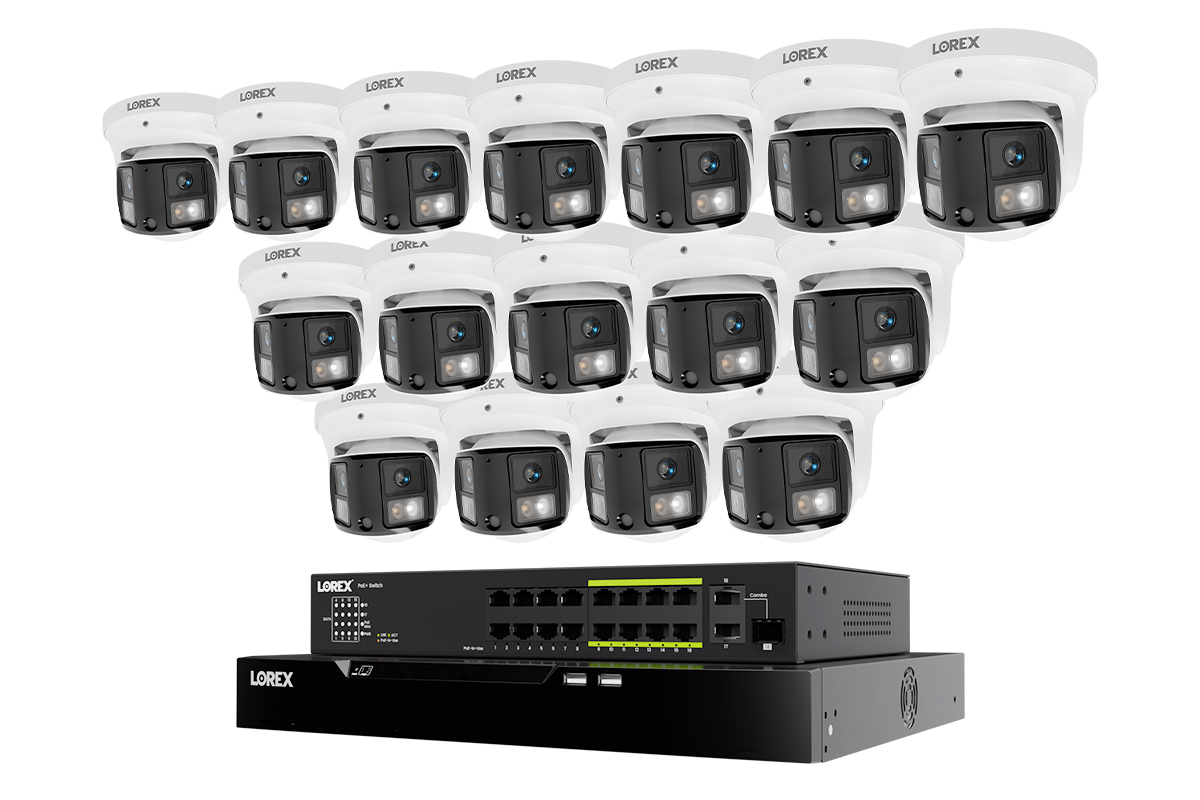 Lorex Connect X Series 4K 32-channel wired NVR system with X3 dual-lens turret cameras and 8TB storage