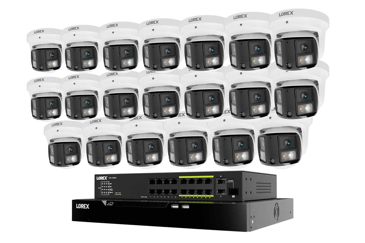 Lorex Connect X Series 4K 32-channel NVR system with 20 X3 dual-lens turret cameras and 8TB storage