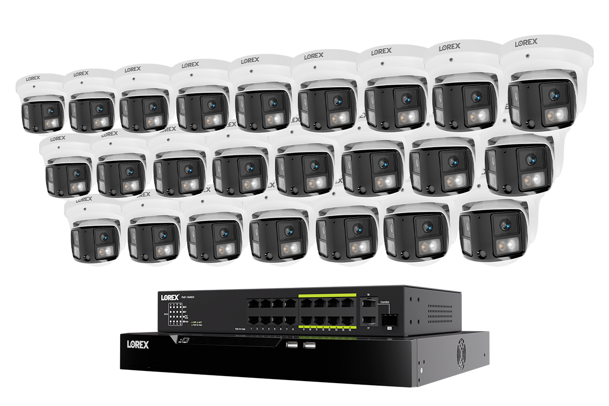 Lorex Connect X Series 4K 32-channel NVR system with 24 X3 dual-lens turret cameras and 8TB storage