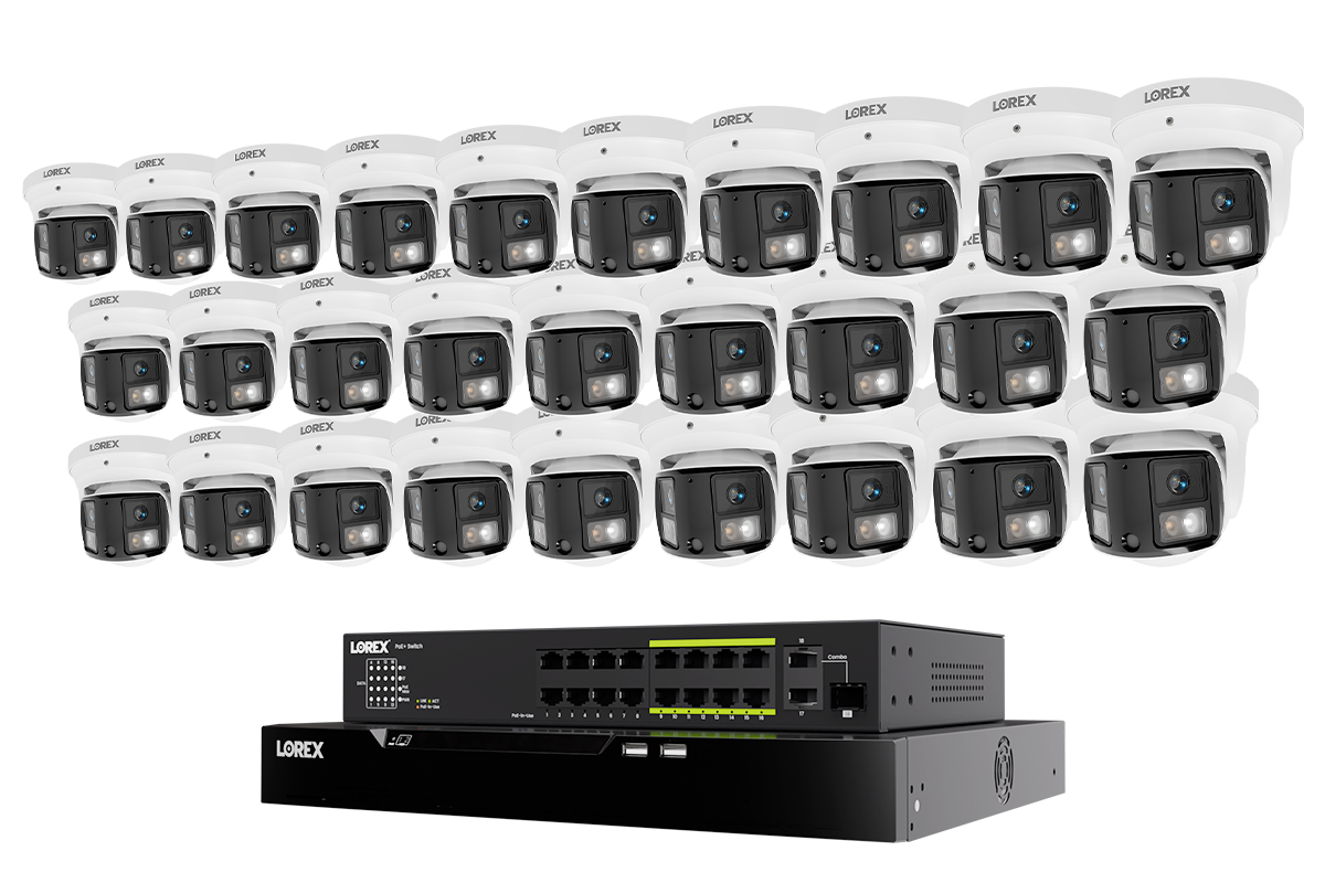 Lorex Connect X Series 4K 32-channel NVR system with 28 X3 dual-lens turret cameras and 8TB storage
