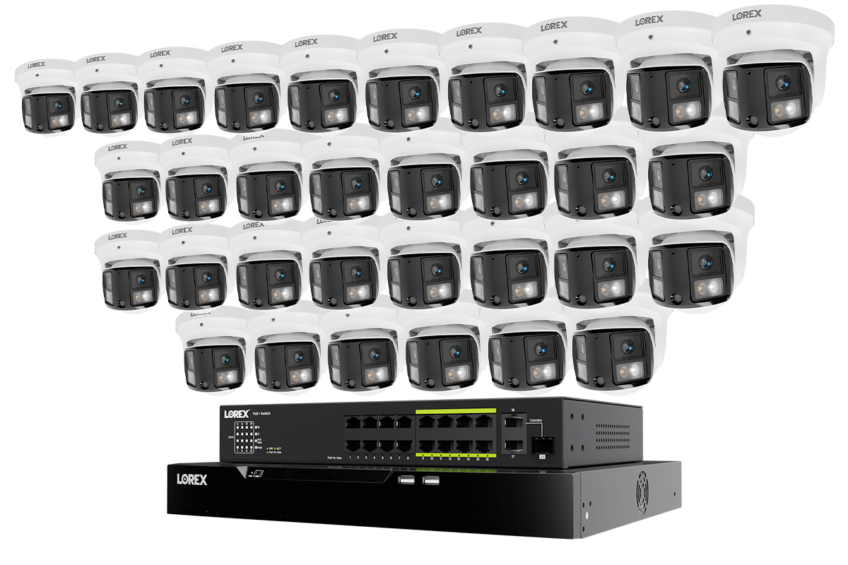 Lorex Connect X Series 4K 32-channel NVR system with 32 X3 dual-lens turret cameras and 8TB storage