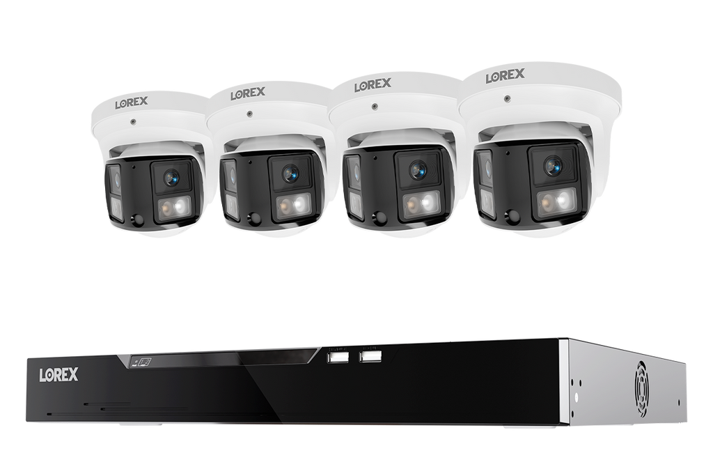 Four white Lorex dome cameras above a black Lorex X Series 16-channel NVR