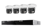 Four white Lorex dome cameras above a black Lorex X Series 16-channel NVR