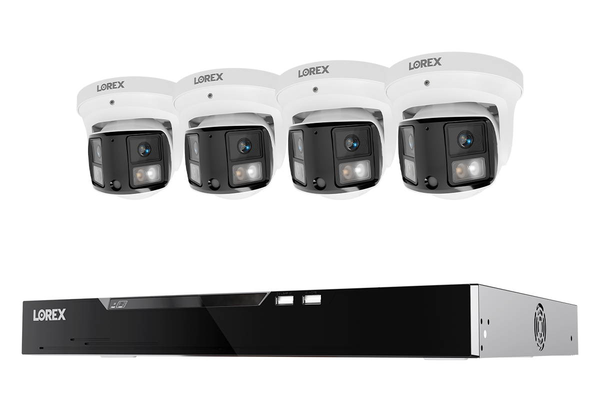 Four white Lorex dome cameras above a black Lorex X Series 16-channel NVR